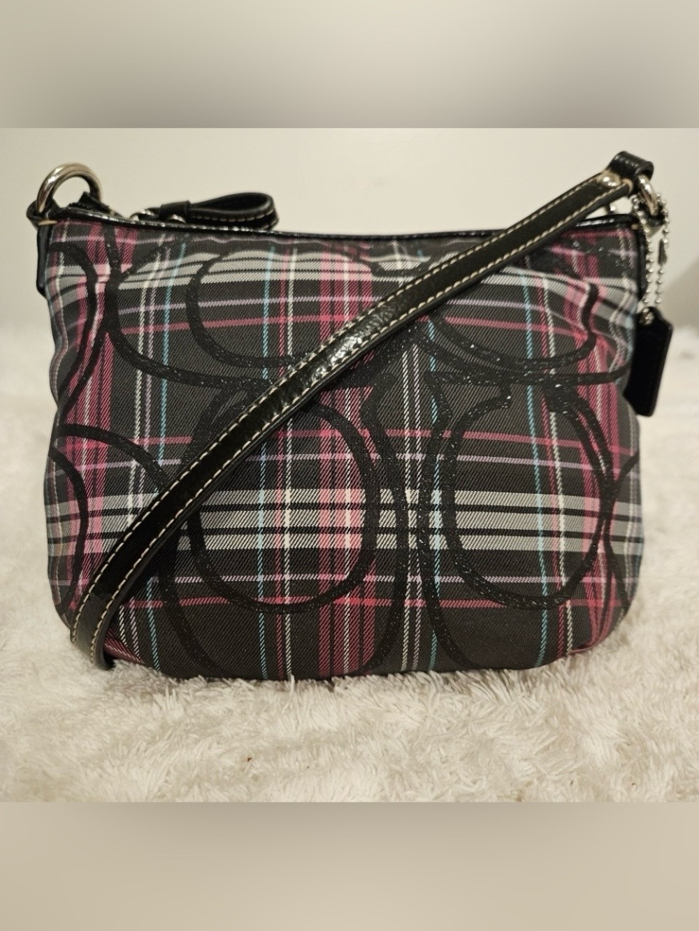 Coach Poppy Tartan Black Plaid Mini Crossbody Bag with Pink & Light Blue Accents